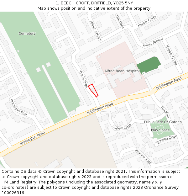 1, BEECH CROFT, DRIFFIELD, YO25 5NY: Location map and indicative extent of plot