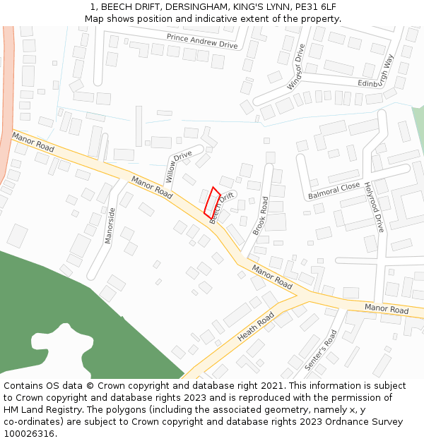 1, BEECH DRIFT, DERSINGHAM, KING'S LYNN, PE31 6LF: Location map and indicative extent of plot