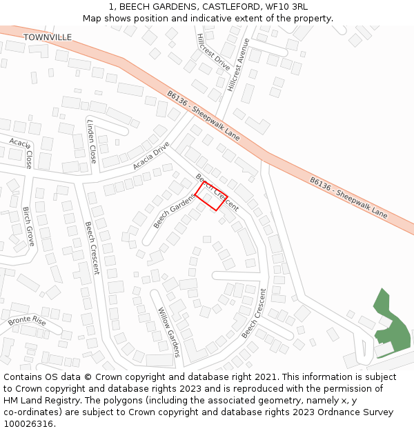 1, BEECH GARDENS, CASTLEFORD, WF10 3RL: Location map and indicative extent of plot