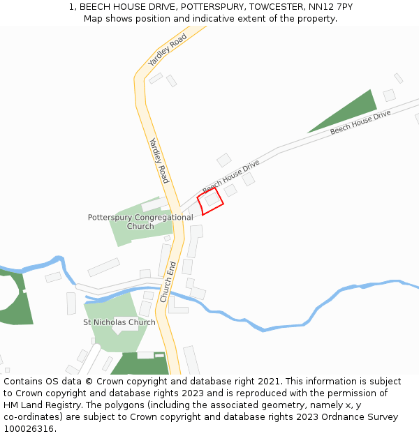 1, BEECH HOUSE DRIVE, POTTERSPURY, TOWCESTER, NN12 7PY: Location map and indicative extent of plot