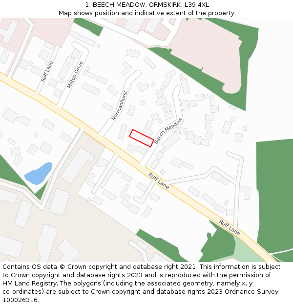 1, BEECH MEADOW, ORMSKIRK, L39 4XL: Location map and indicative extent of plot