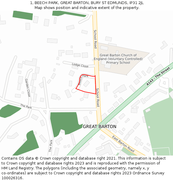 1, BEECH PARK, GREAT BARTON, BURY ST EDMUNDS, IP31 2JL: Location map and indicative extent of plot