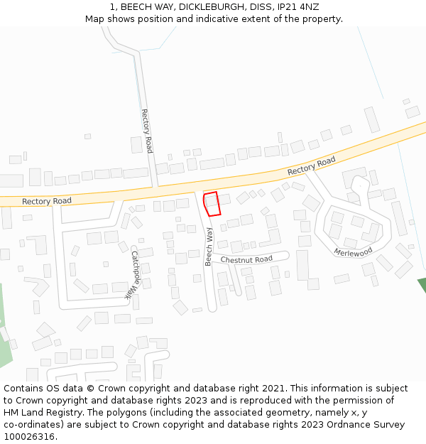 1, BEECH WAY, DICKLEBURGH, DISS, IP21 4NZ: Location map and indicative extent of plot