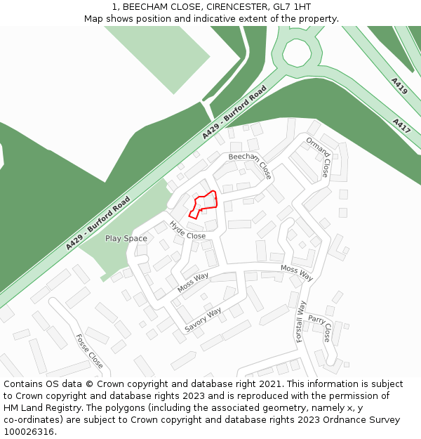 1, BEECHAM CLOSE, CIRENCESTER, GL7 1HT: Location map and indicative extent of plot