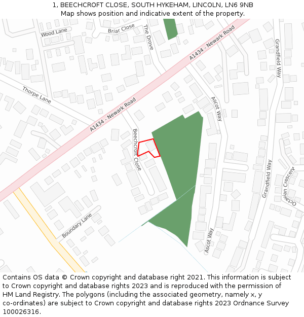 1, BEECHCROFT CLOSE, SOUTH HYKEHAM, LINCOLN, LN6 9NB: Location map and indicative extent of plot