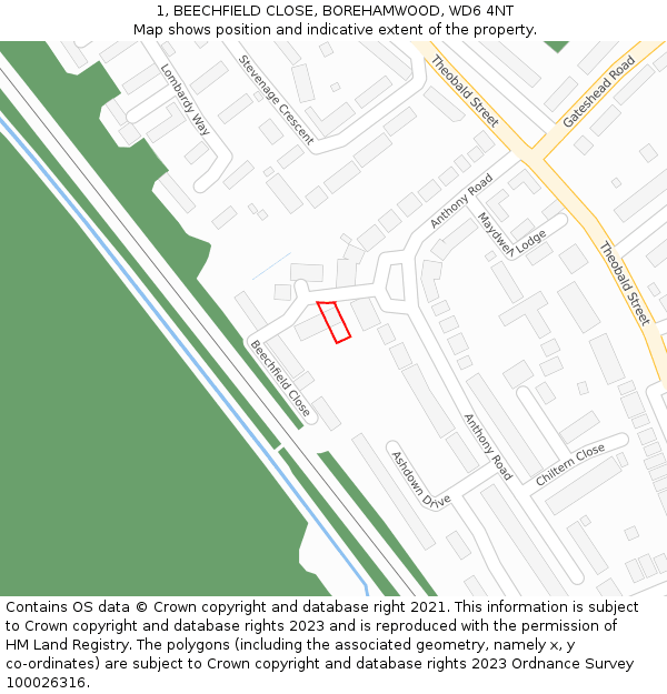 1, BEECHFIELD CLOSE, BOREHAMWOOD, WD6 4NT: Location map and indicative extent of plot