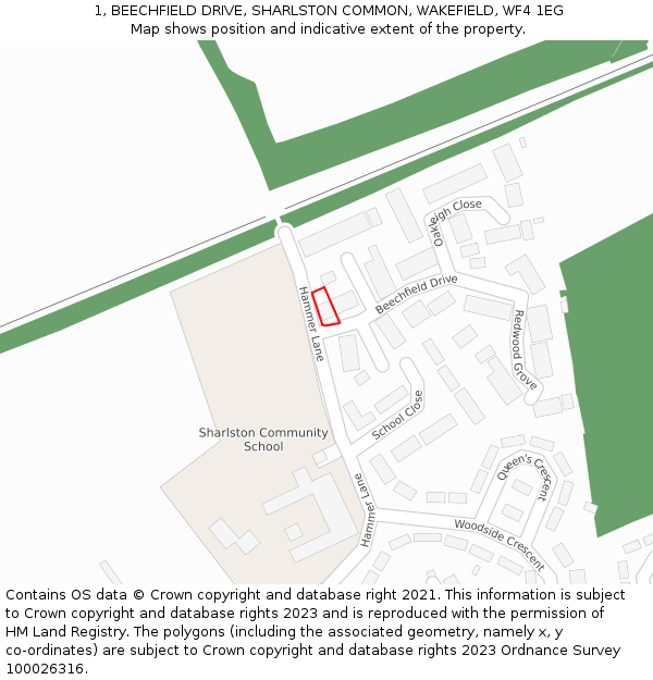 1, BEECHFIELD DRIVE, SHARLSTON COMMON, WAKEFIELD, WF4 1EG: Location map and indicative extent of plot