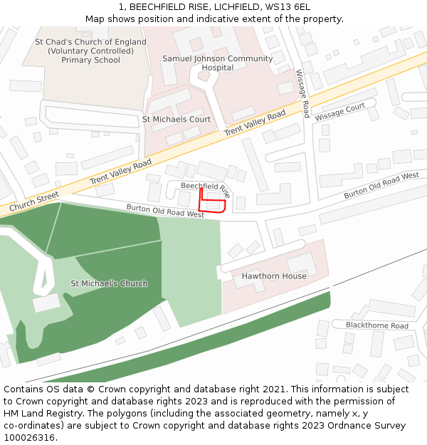 1, BEECHFIELD RISE, LICHFIELD, WS13 6EL: Location map and indicative extent of plot