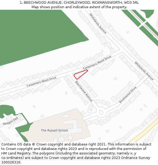 1, BEECHWOOD AVENUE, CHORLEYWOOD, RICKMANSWORTH, WD3 5RL: Location map and indicative extent of plot