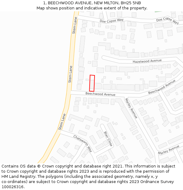 1, BEECHWOOD AVENUE, NEW MILTON, BH25 5NB: Location map and indicative extent of plot