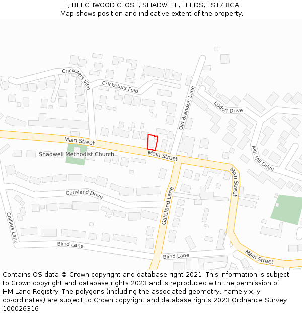 1, BEECHWOOD CLOSE, SHADWELL, LEEDS, LS17 8GA: Location map and indicative extent of plot