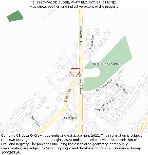 1, BEECHWOOD CLOSE, WHITFIELD, DOVER, CT16 3JZ: Location map and indicative extent of plot