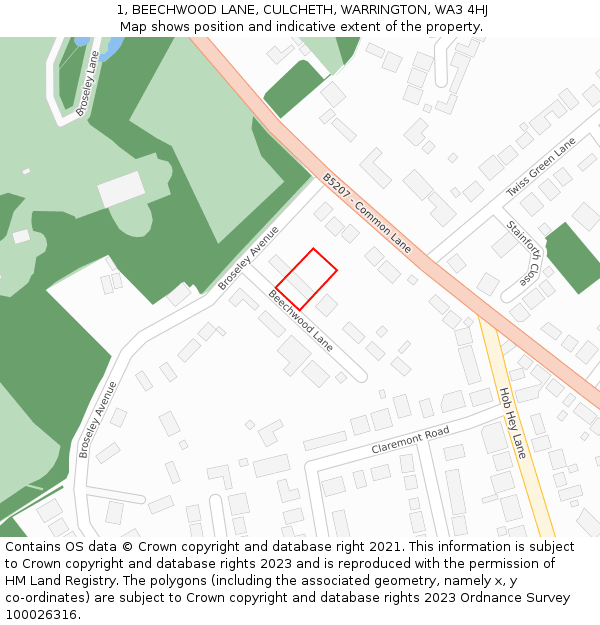 1, BEECHWOOD LANE, CULCHETH, WARRINGTON, WA3 4HJ: Location map and indicative extent of plot