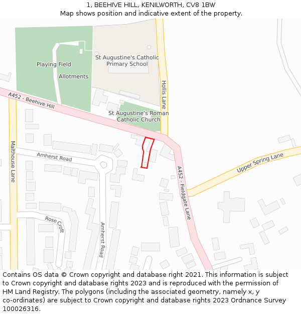 1, BEEHIVE HILL, KENILWORTH, CV8 1BW: Location map and indicative extent of plot