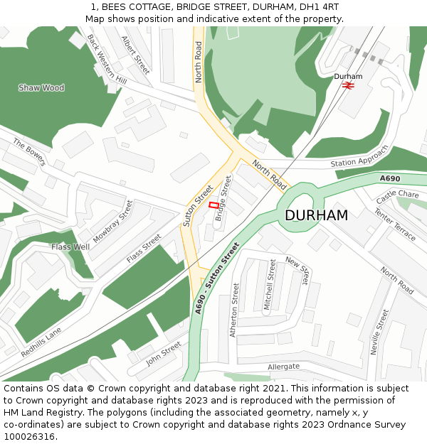 1, BEES COTTAGE, BRIDGE STREET, DURHAM, DH1 4RT: Location map and indicative extent of plot