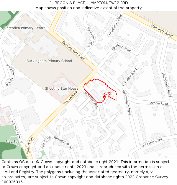 1, BEGONIA PLACE, HAMPTON, TW12 3RD: Location map and indicative extent of plot