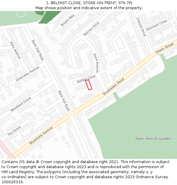 1, BELFAST CLOSE, STOKE-ON-TRENT, ST6 7PJ: Location map and indicative extent of plot