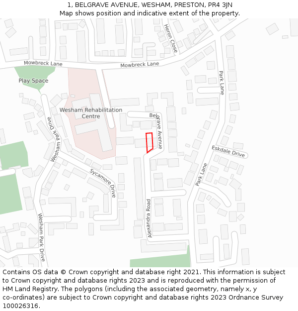 1, BELGRAVE AVENUE, WESHAM, PRESTON, PR4 3JN: Location map and indicative extent of plot