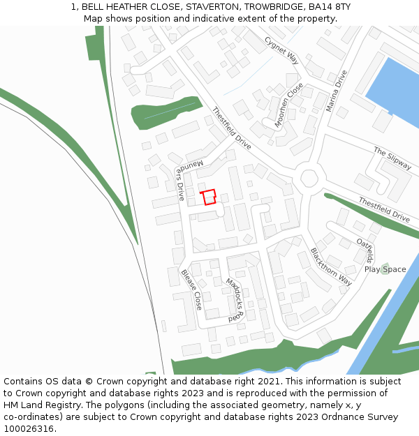 1, BELL HEATHER CLOSE, STAVERTON, TROWBRIDGE, BA14 8TY: Location map and indicative extent of plot