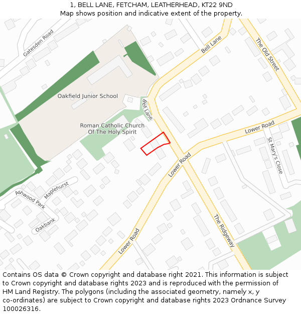 1, BELL LANE, FETCHAM, LEATHERHEAD, KT22 9ND: Location map and indicative extent of plot