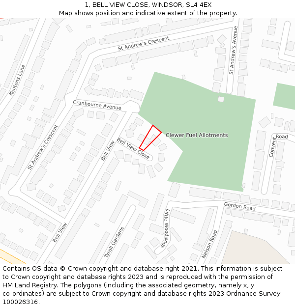 1, BELL VIEW CLOSE, WINDSOR, SL4 4EX: Location map and indicative extent of plot