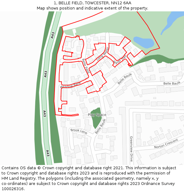 1, BELLE FIELD, TOWCESTER, NN12 6AA: Location map and indicative extent of plot