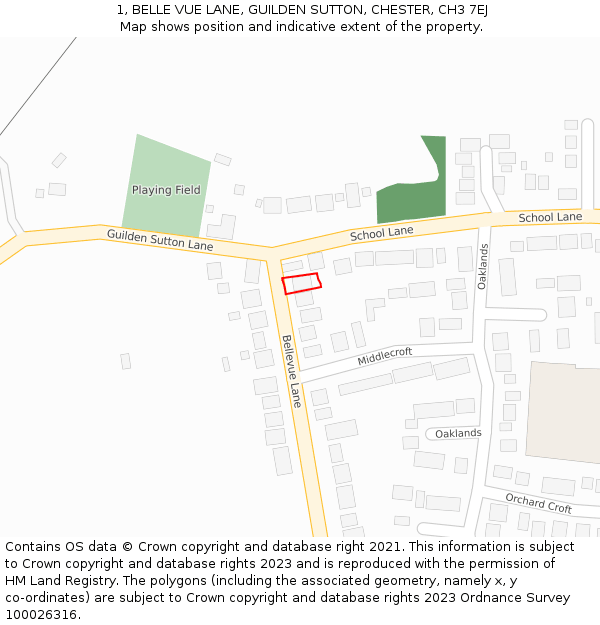 1, BELLE VUE LANE, GUILDEN SUTTON, CHESTER, CH3 7EJ: Location map and indicative extent of plot