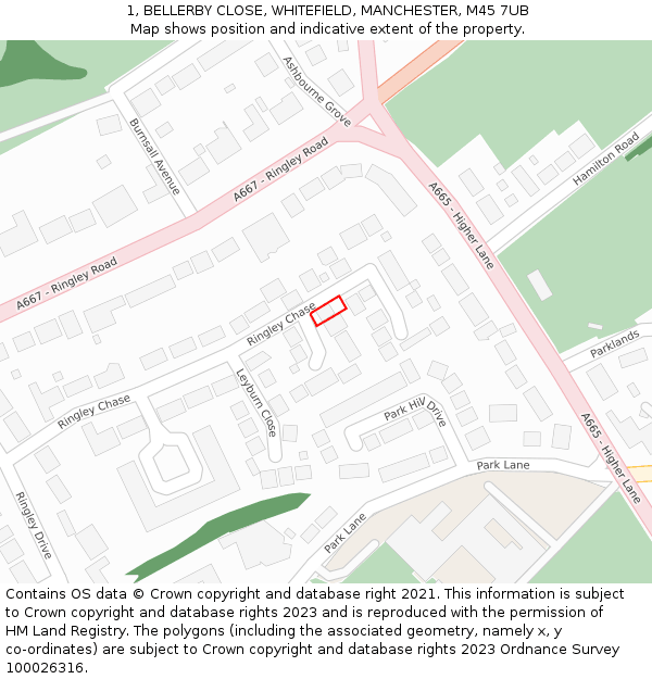 1, BELLERBY CLOSE, WHITEFIELD, MANCHESTER, M45 7UB: Location map and indicative extent of plot
