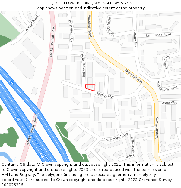1, BELLFLOWER DRIVE, WALSALL, WS5 4SS: Location map and indicative extent of plot