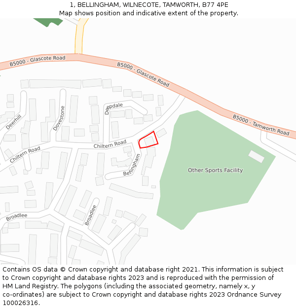 1, BELLINGHAM, WILNECOTE, TAMWORTH, B77 4PE: Location map and indicative extent of plot