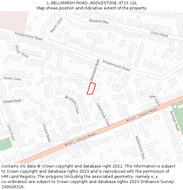 1, BELLMARSH ROAD, ADDLESTONE, KT15 1QL: Location map and indicative extent of plot