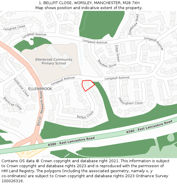 1, BELLPIT CLOSE, WORSLEY, MANCHESTER, M28 7XH: Location map and indicative extent of plot