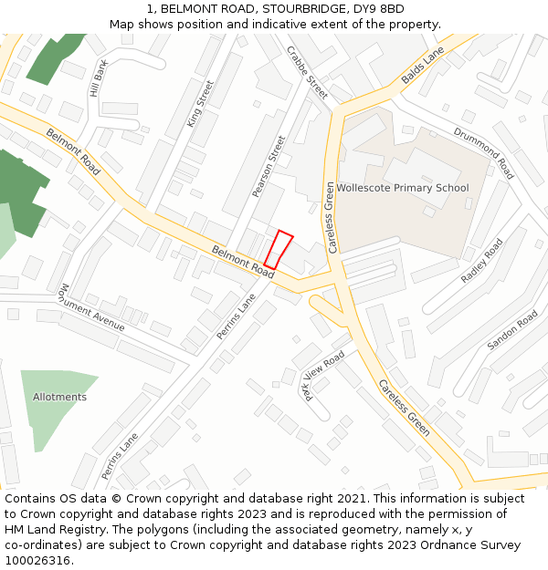 1, BELMONT ROAD, STOURBRIDGE, DY9 8BD: Location map and indicative extent of plot