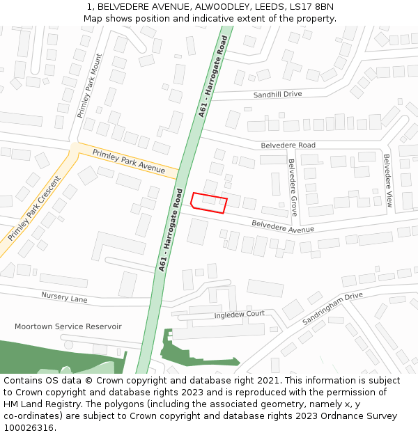 1, BELVEDERE AVENUE, ALWOODLEY, LEEDS, LS17 8BN: Location map and indicative extent of plot