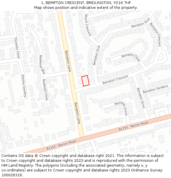 1, BEMPTON CRESCENT, BRIDLINGTON, YO16 7HF: Location map and indicative extent of plot