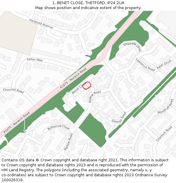 1, BENET CLOSE, THETFORD, IP24 2UA: Location map and indicative extent of plot