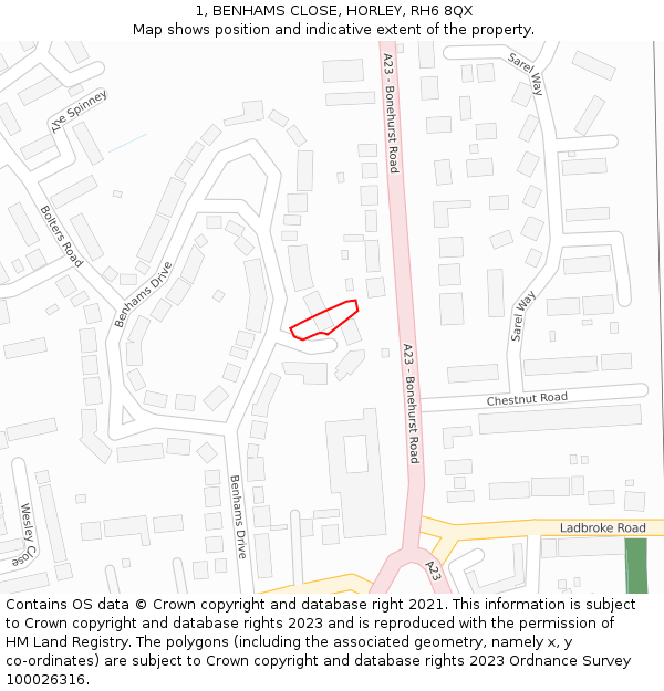 1, BENHAMS CLOSE, HORLEY, RH6 8QX: Location map and indicative extent of plot