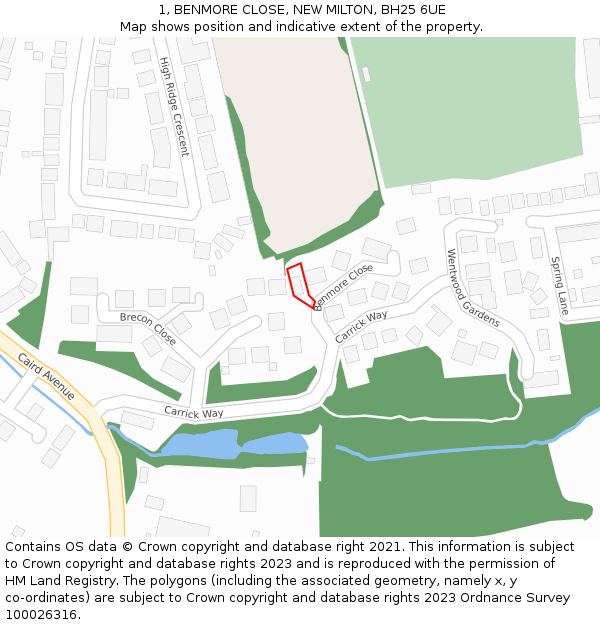 1, BENMORE CLOSE, NEW MILTON, BH25 6UE: Location map and indicative extent of plot