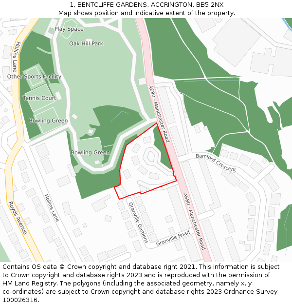 1, BENTCLIFFE GARDENS, ACCRINGTON, BB5 2NX: Location map and indicative extent of plot
