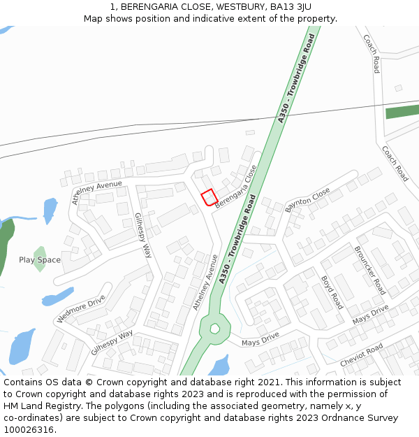 1, BERENGARIA CLOSE, WESTBURY, BA13 3JU: Location map and indicative extent of plot