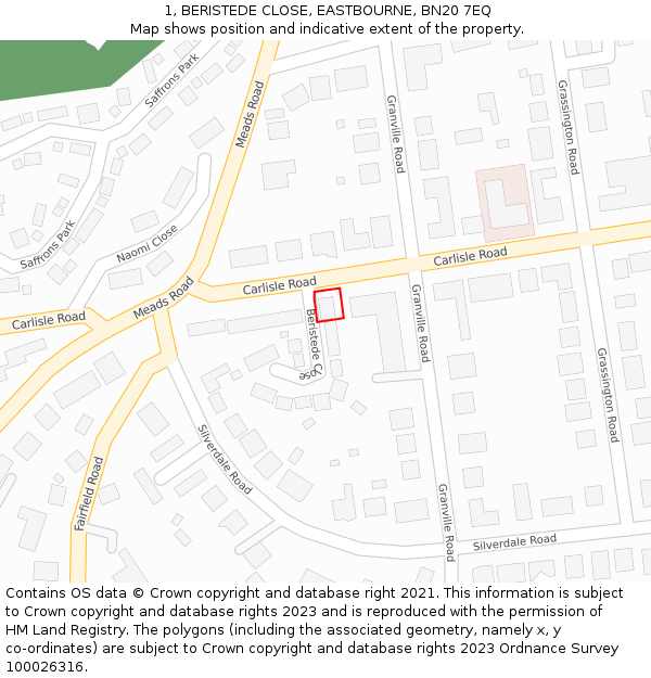 1, BERISTEDE CLOSE, EASTBOURNE, BN20 7EQ: Location map and indicative extent of plot