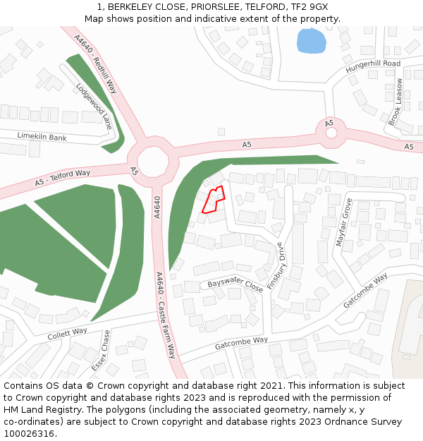 1, BERKELEY CLOSE, PRIORSLEE, TELFORD, TF2 9GX: Location map and indicative extent of plot