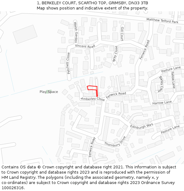 1, BERKELEY COURT, SCARTHO TOP, GRIMSBY, DN33 3TB: Location map and indicative extent of plot