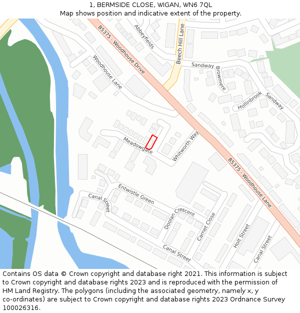 1, BERMSIDE CLOSE, WIGAN, WN6 7QL: Location map and indicative extent of plot