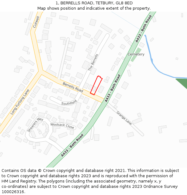 1, BERRELLS ROAD, TETBURY, GL8 8ED: Location map and indicative extent of plot