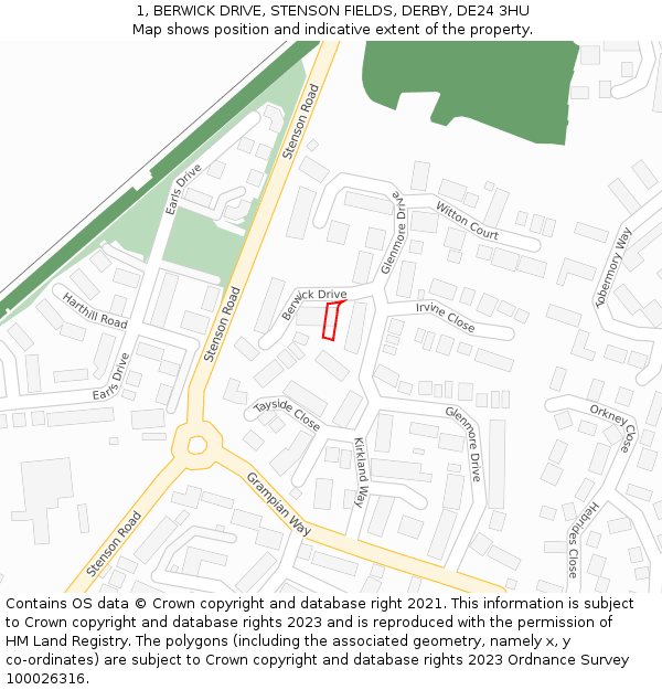 1, BERWICK DRIVE, STENSON FIELDS, DERBY, DE24 3HU: Location map and indicative extent of plot