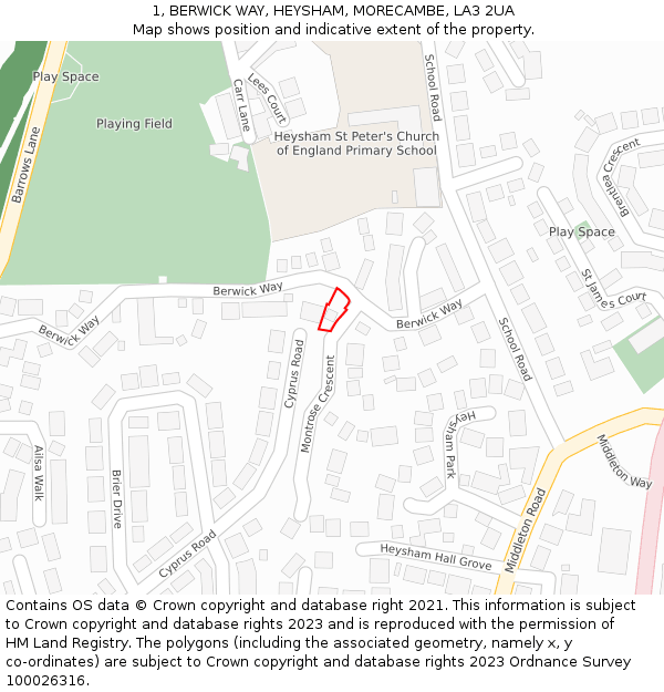 1, BERWICK WAY, HEYSHAM, MORECAMBE, LA3 2UA: Location map and indicative extent of plot