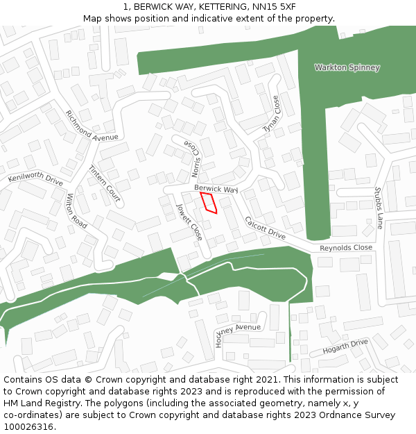 1, BERWICK WAY, KETTERING, NN15 5XF: Location map and indicative extent of plot