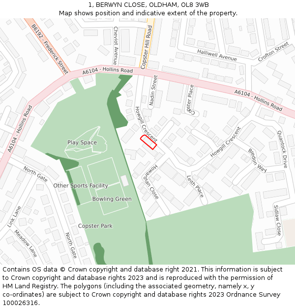 1, BERWYN CLOSE, OLDHAM, OL8 3WB: Location map and indicative extent of plot