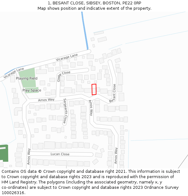 1, BESANT CLOSE, SIBSEY, BOSTON, PE22 0RP: Location map and indicative extent of plot